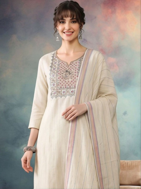Ethnic Motifs Embroidered Regular Thread Work Pure Cotton Kurta Set