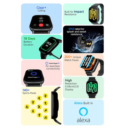 Redmi Watch 5 Active BT Calling with 3 mic ENC|2" HD Screen|HyperOS connectivity|Metal body|18 days of Battery Life|200+ Watch Faces|IPX8 rating|140+ Sports Modes|Heart Rate,Period Cycle Monitor