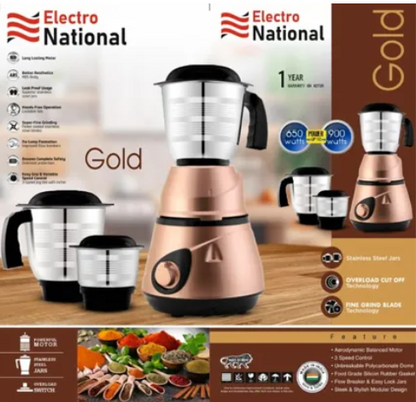 High Grade Indian Mixer Grinder 4 in 1 Steel Cups with 1.5 Liter Plastic Jar 650 Watts