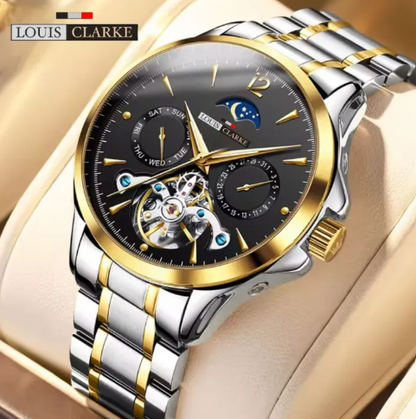 LOUIS CLARKE Fashion Brand Gold Steel Tourbillon Watch Men Sports Business Moon Phase Quartz Watches