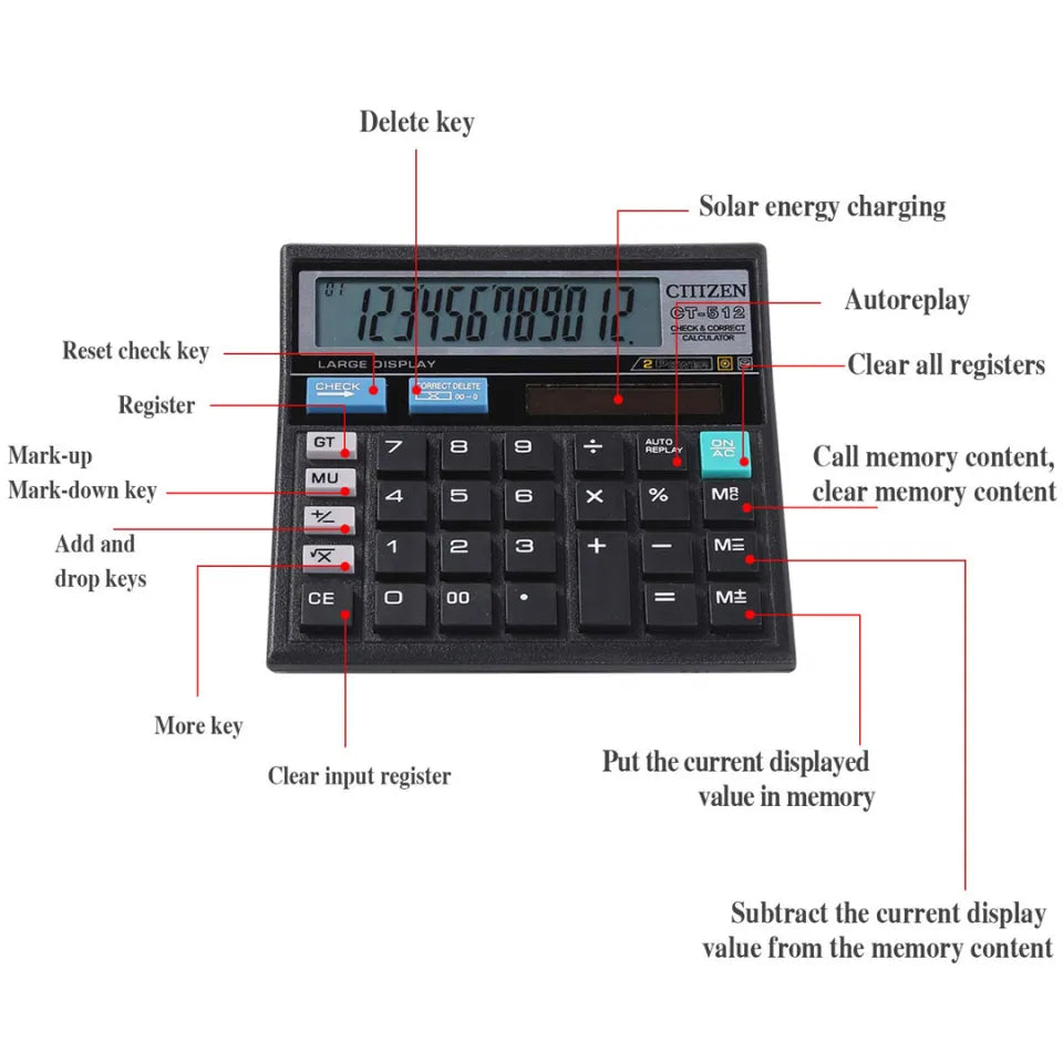 Citizen 12-Digit Calculator CT-500 with Check & Correct, Solar Dual Power