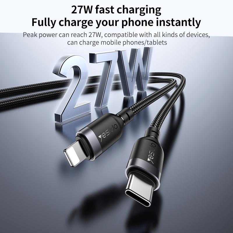 Yesido 27W Type-C to Lightning 8 Pin Aluminum Alloy Data Cable,