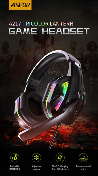 Aspor A217 Wired Gaming Headset 3.5MM + USB For LED Lights