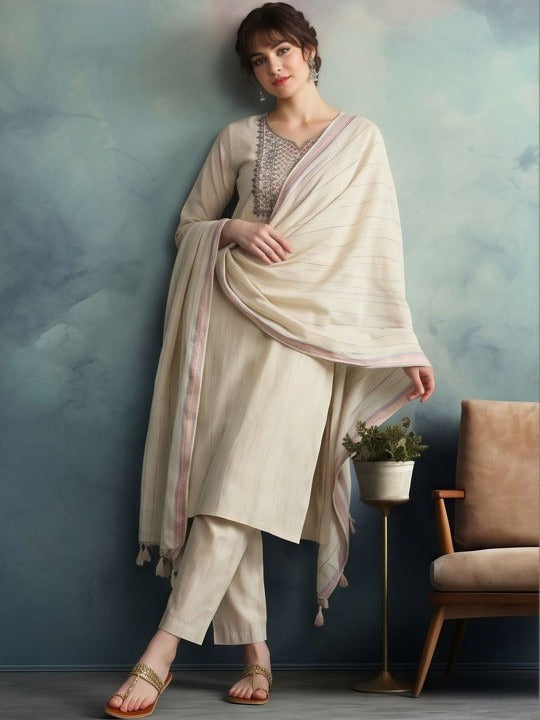 Ethnic Motifs Embroidered Regular Thread Work Pure Cotton Kurta Set