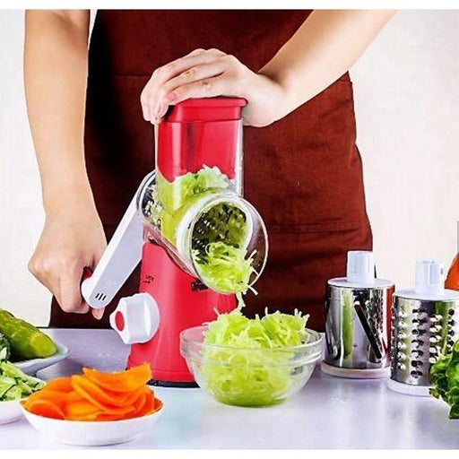 Dynamic Tabletop Grater with Hand Drum Vegetable Cutter and 3 Stainless Steel Blades