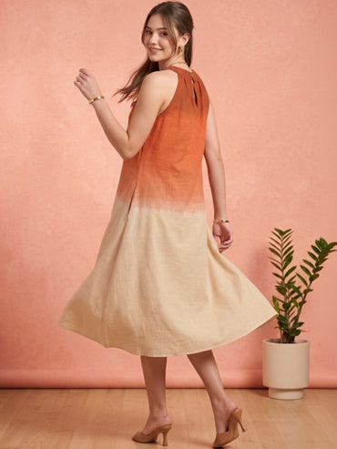 Tie and Dye Dyed Halter Neck Linen Blend a-Line Midi Dress