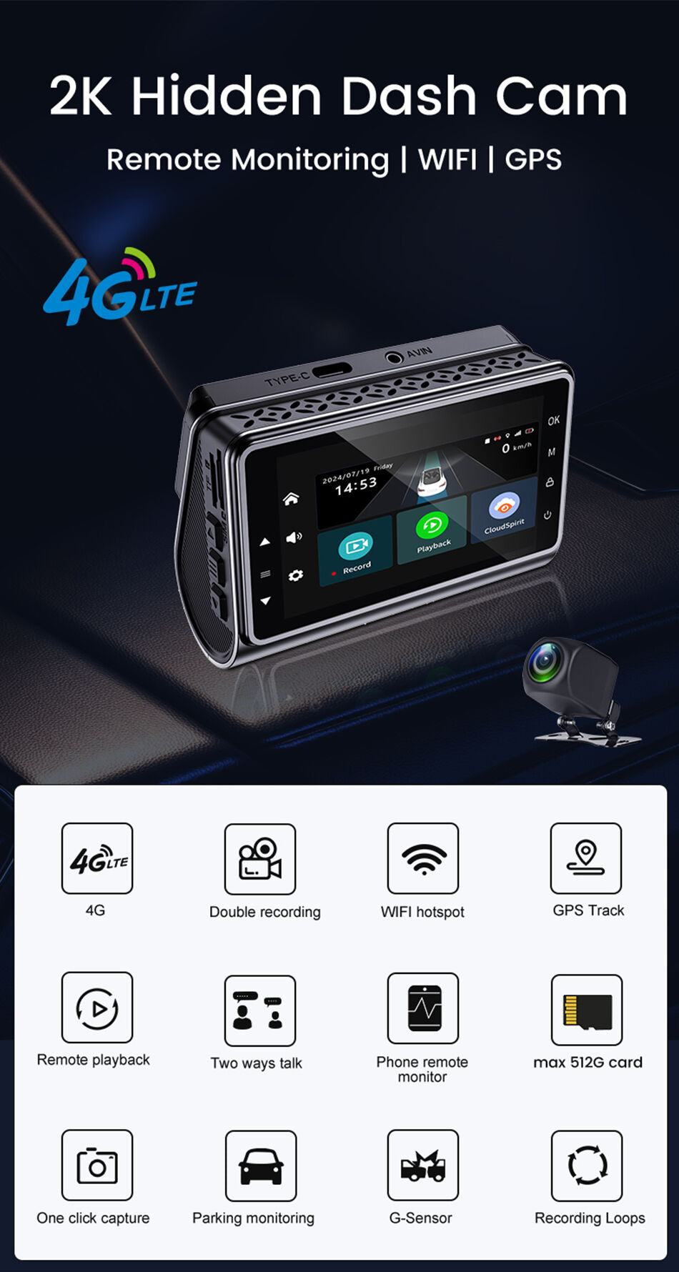 2K 4G Mini Dashcam with Wifi Gps Tracking 4g Live Streaming 4G sim Car Safety camera