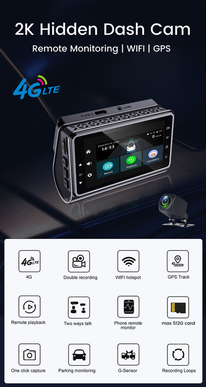2K 4G Mini Dashcam with Wifi Gps Tracking 4g Live Streaming 4G sim Car Safety camera