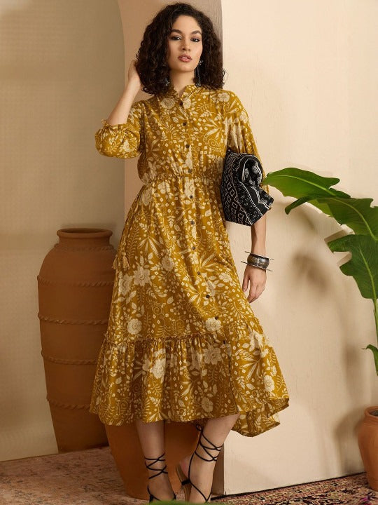 Women Floral Printed Puff Sleeve a-Line Midi Dress