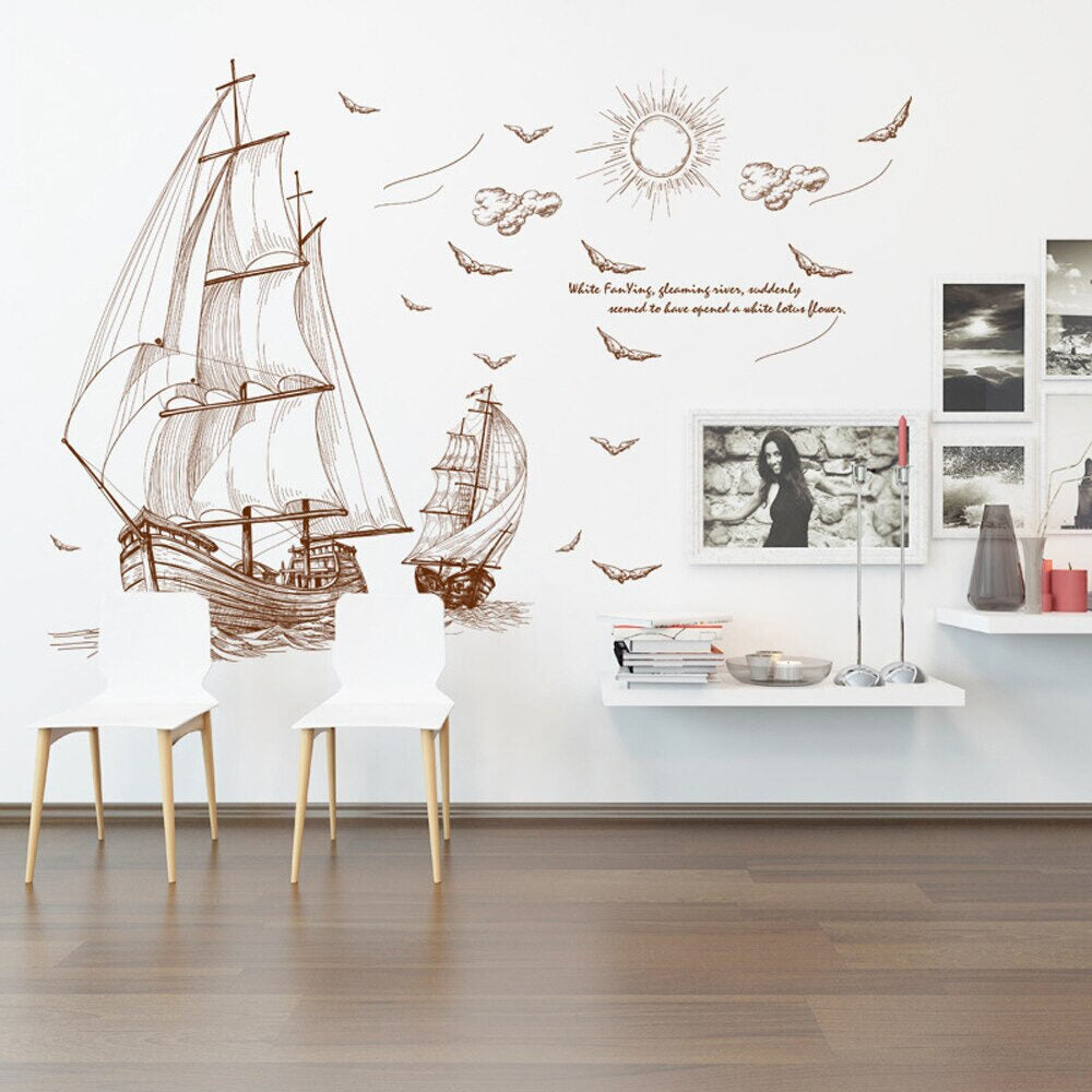 Buy More Brown Ships sailing in deep sea classic wall decoration Sticker room wallpaper bedroom nursery window decor wall stickers wedding decoration birthday decoration kids room decoration Wall Stickers
