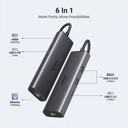 UGREEN 45000 6-in-1 USB C Hub with 4K@60Hz HDMI, 100W PD, Gigabit Ethernet, 2x USB-A 10Gbps, USB-C 10Gbps – Multiport Adapter for MacBook, Dell, HP Laptops