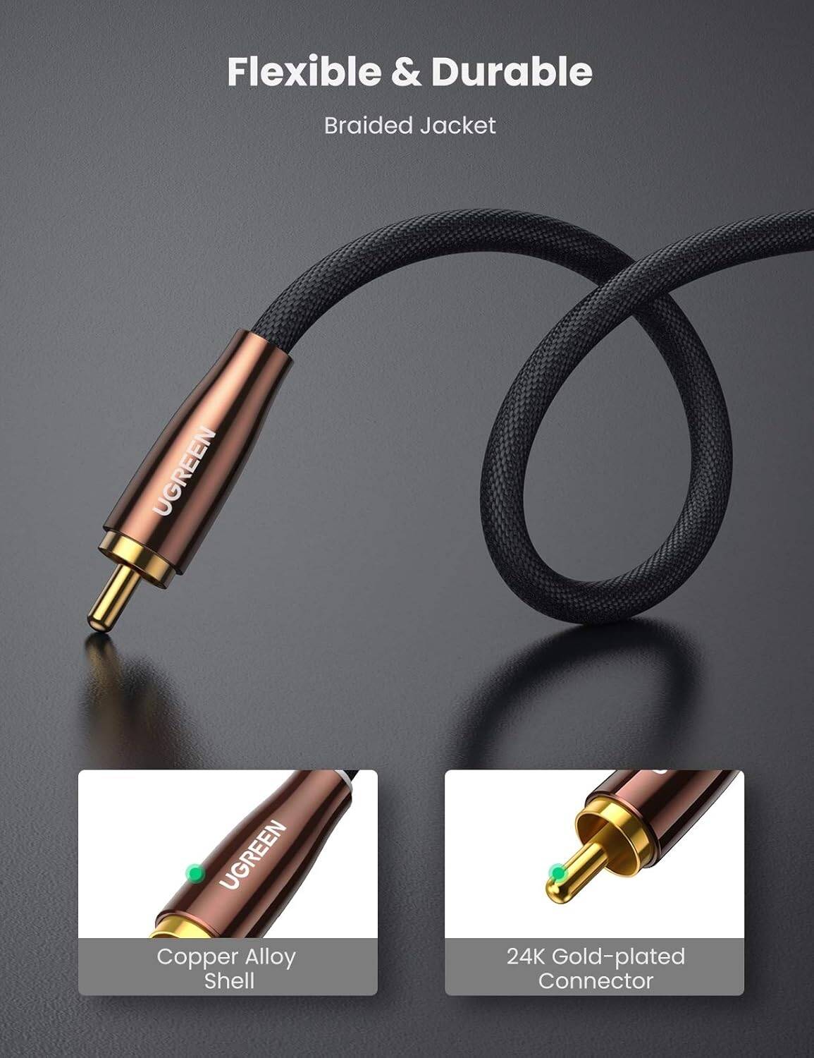 UGREEN AV155, RCA Male To Male Coaxial Braided Cable, 24K Gold-plated Connector, 75 Ohm Impedance, Signal Interference Shielding, Support Dolby Digital, DTS And 5.1 Surround Sound, 1M Length | 70684