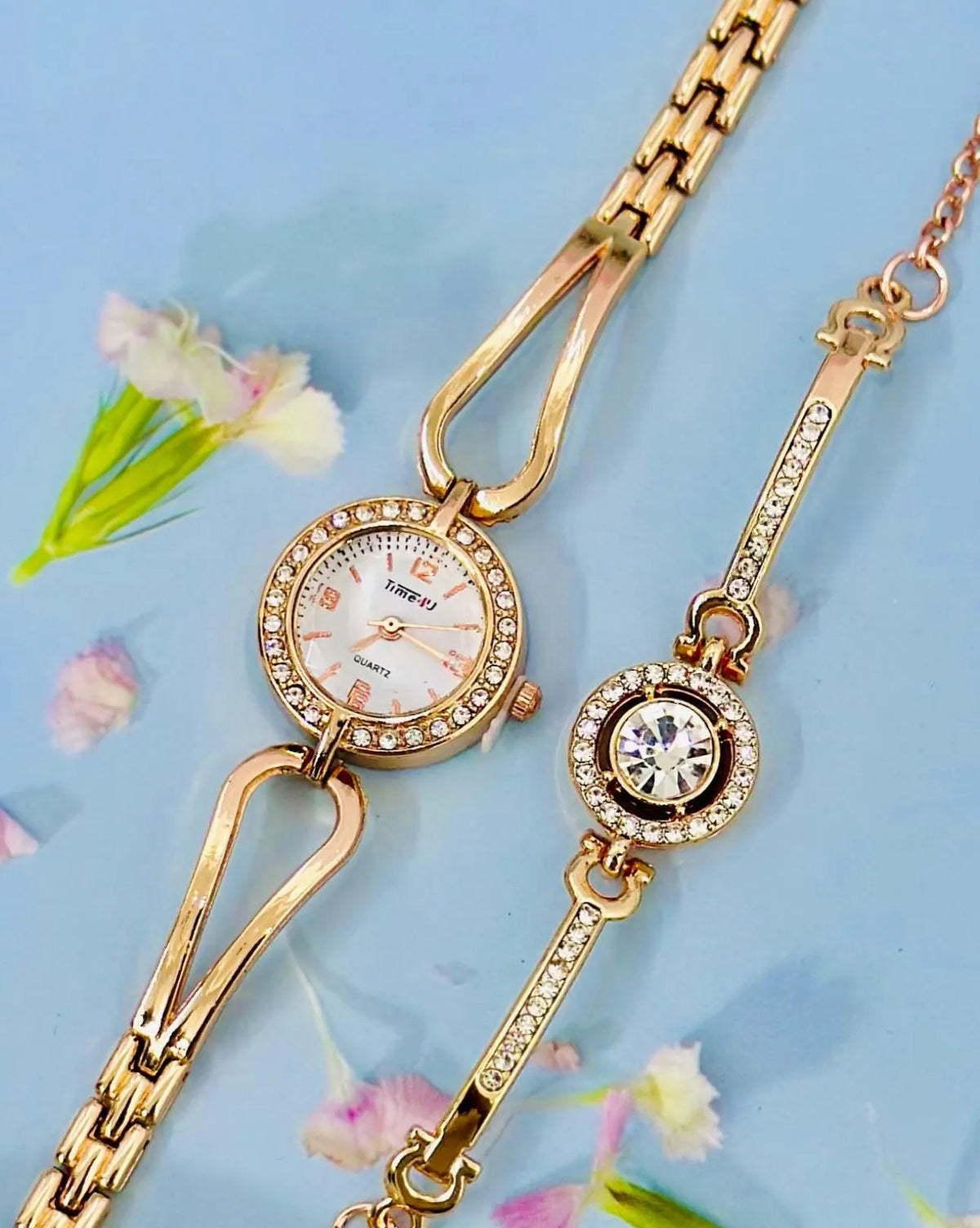 Luxury Women Shiny Bracelet Watches 2Pcs Set Gold / Silver / Rose Gold Watch