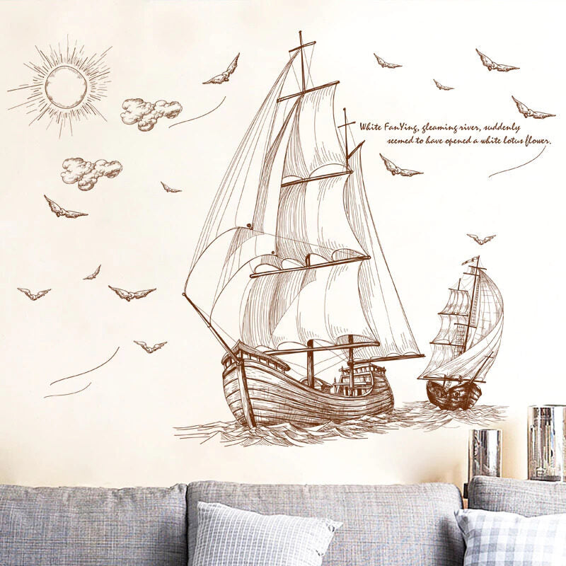 Buy More Brown Ships sailing in deep sea classic wall decoration Sticker room wallpaper bedroom nursery window decor wall stickers wedding decoration birthday decoration kids room decoration Wall Stickers