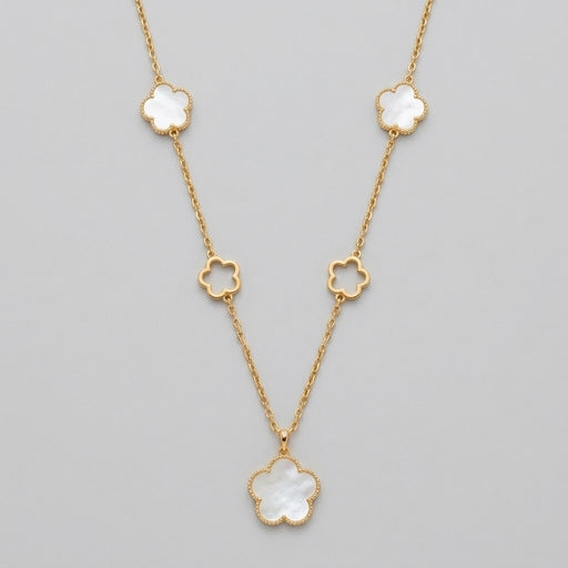 Elegant Gold Clover Necklace with Pearl Flower Motifs