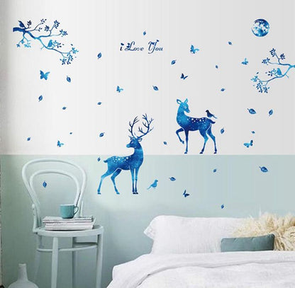 Attractive Blue Deer with Blue Tree Butterfly Sticker room wallpaper bedroom nursery kids room decoration Wall Stickers