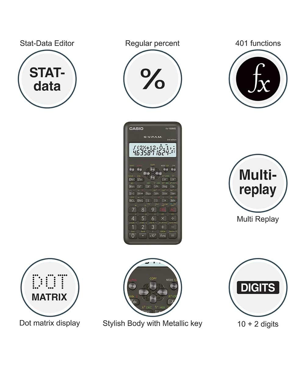 CASIO FX-100MS 2nd Gen Non-Programmable Scientific Calculator, 300 Functions and 2-line Display