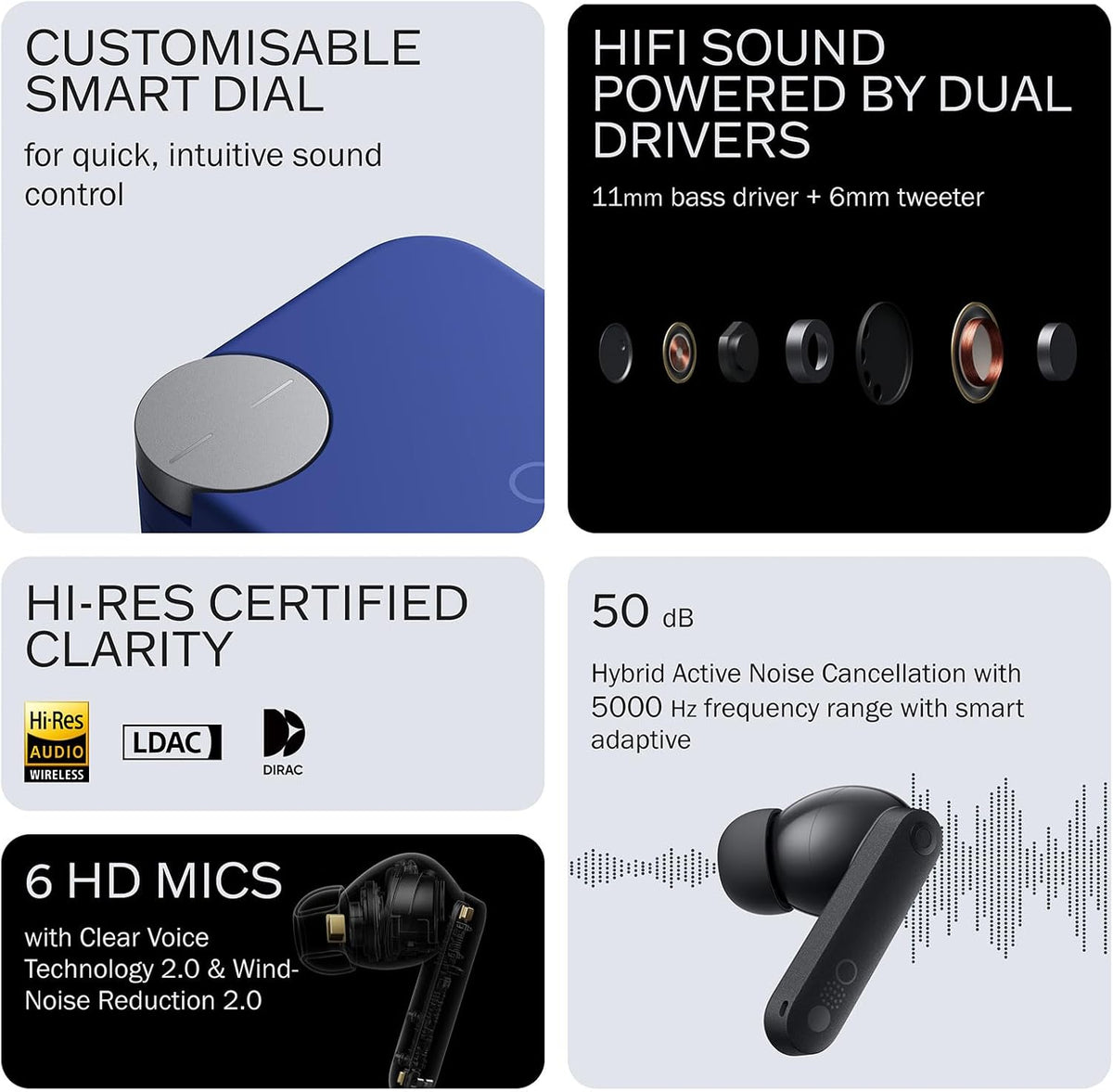 CMF By Nothing Buds Pro 2 Wireless Earbuds with Smart Dial, 50dB Hybrid Noise Cancelling Earbuds Wireless Bluetooth 5.3, 11mm Bass with LDAC, 6 Hi-Res Audio Mics, 43H Playtime, Fast Charging Case