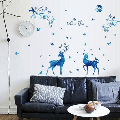 Attractive Blue Deer with Blue Tree Butterfly Sticker room wallpaper bedroom nursery kids room decoration Wall Stickers