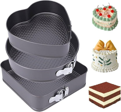 3 Pcs Cake Mould Tray Heart Square Circle Cheesecake 3Pcs Bakeware Pan - Black