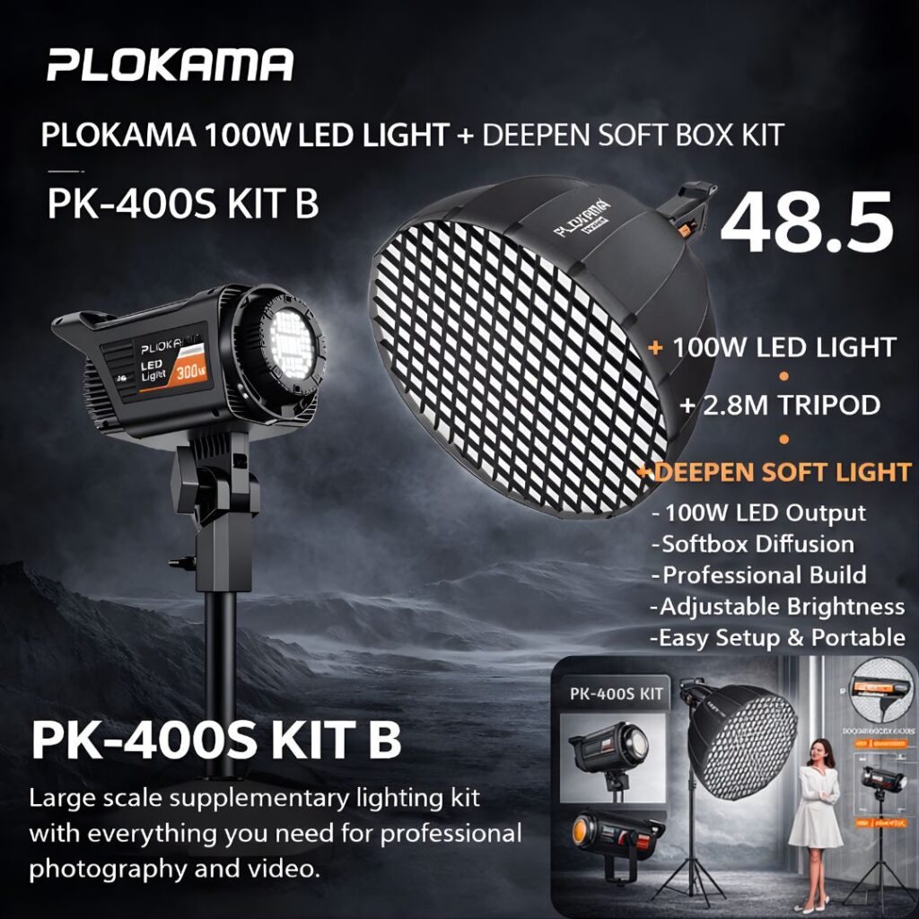 PLOKAMA PK-400S KIT B Professional Photography Lighting Set – 100W LED Light + Deep Soft Light Ball + 2.8M Tripod