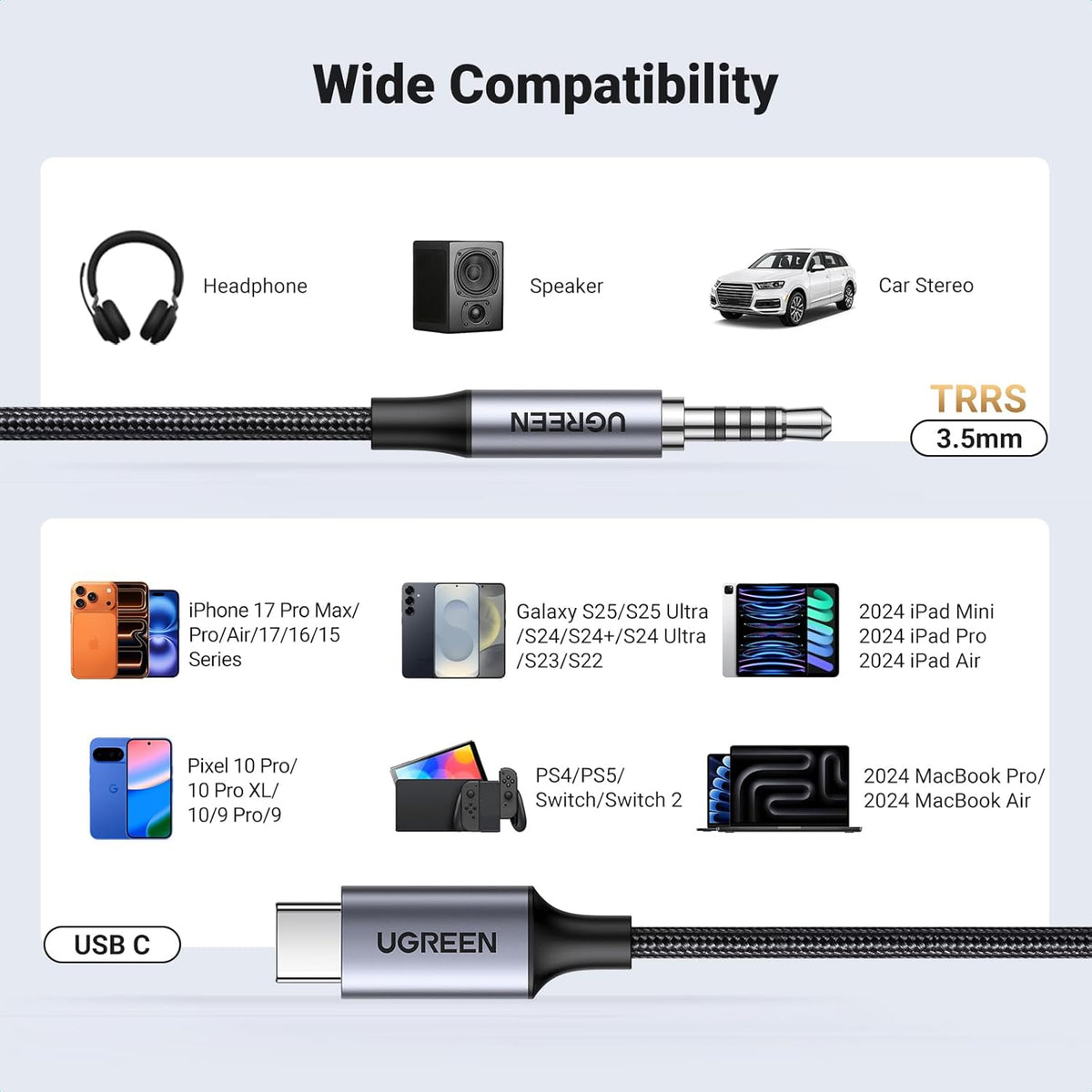 UGREEN 35056 CM734 USB-C to 3.5mm TRRS Aux Audio Cable - 1M