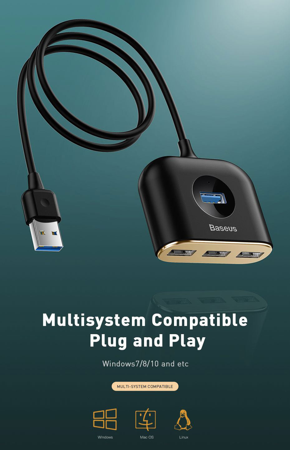 100% Genuine BASEUS Square Round 4 in 1 USB Hub Adapter (USB3.0 to USB3.0*1+USB2.0*3) 1m Cable - Black