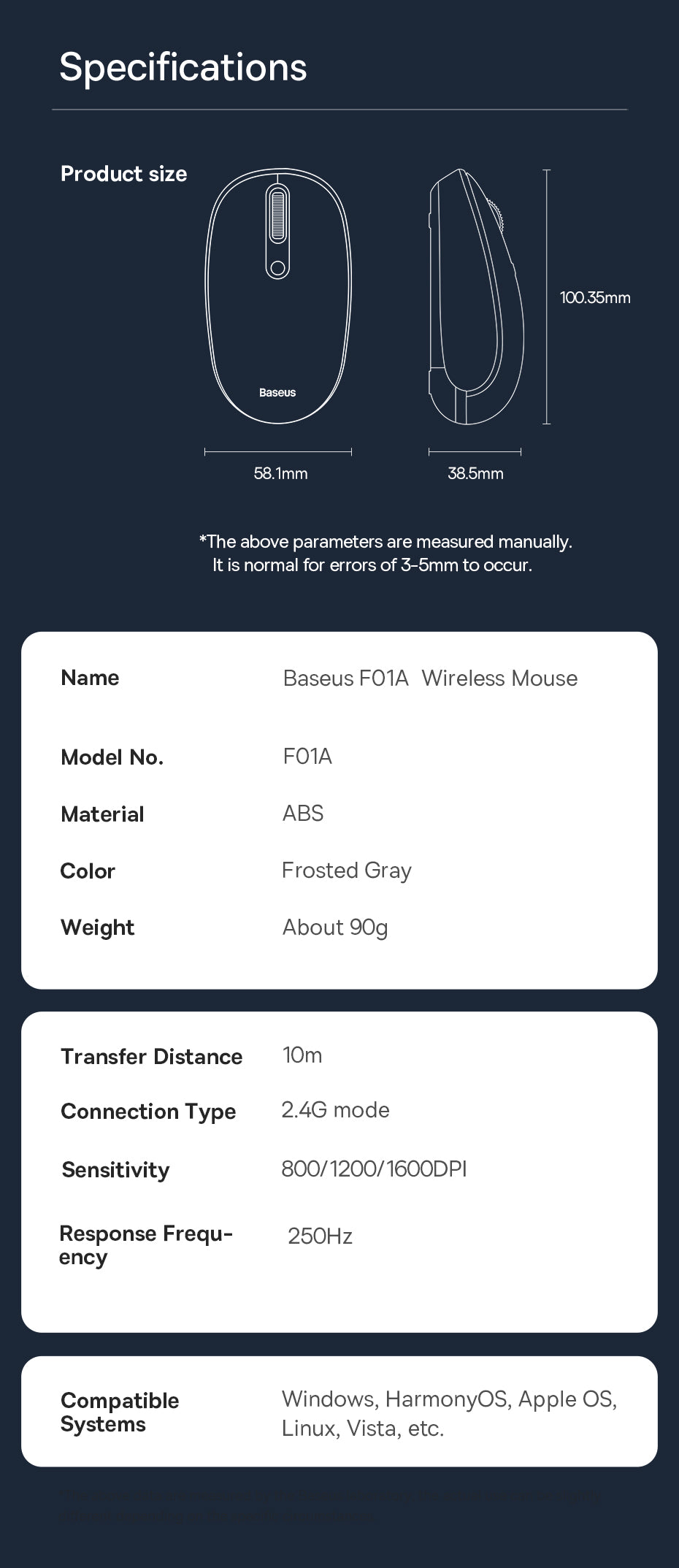 Baseus F01A Wireless Mouse Ergonomic Precision Silent Mouse