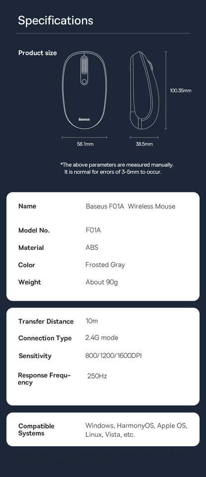 Baseus F01A Wireless Mouse Ergonomic Precision Silent Mouse