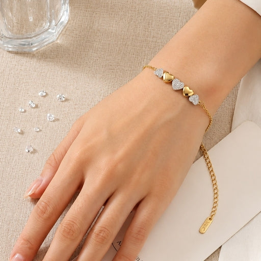 Elegant Dual-Tone Sparkling Crystal and Golden Multi-Heart Charm Bracelet