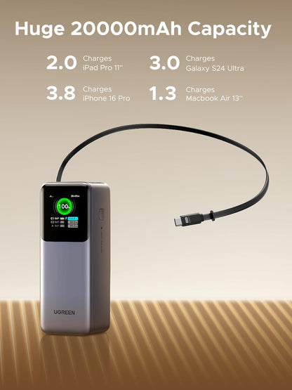 UGREEN 55987B Nexode Power Bank 20000mAh 165W with Built-in USB C Cable Laptop Travel Portable Charger, 100W Input, Fast Charging for MacBook Pro/Air/iPhone 17/16/iPad Pro/Galaxy S26 Ultra/Dell/HP and More