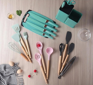 19PCS Silicone Kitchen Utensils Set Non-Stick Cookware Spatula Wooden Handle SMT