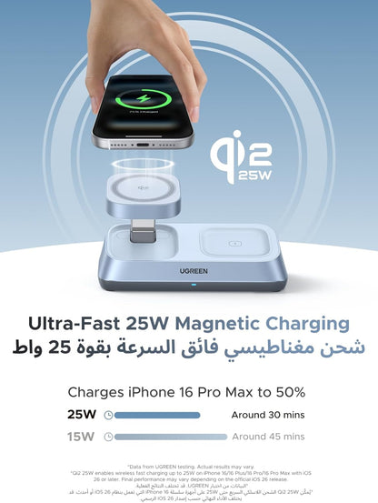 UGREEN 2026 Qi2 25W Wireless Charger 3 in 1, Foldable Portable Magsafe for iPhone 17 Pro Max, 16-12 Series, AirPods, Apple Watch 10-6, Magnetic Charging Station With 45W PD Charger, 1M USB-C Cable - 55678