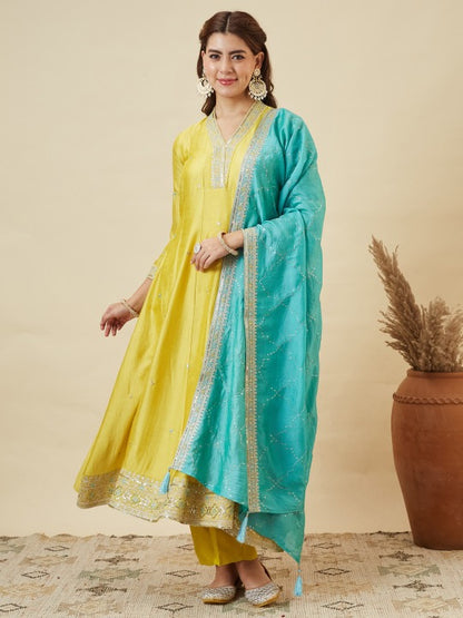Women Silk Embroidered Anarkali Kurta and Pant with Dupatta Set