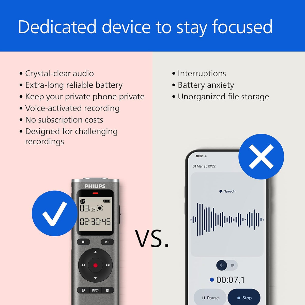 Philips DVT1170 VoiceTracer, Audio Recorder, 8GB, Micro SD Card Slot, 360° Microphone for Excellent Sound Voice Recorder
