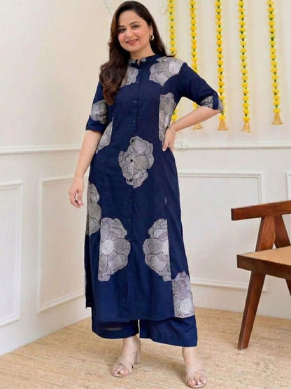 Women Floral Printed Regular Chanderi Cotton Kurta with Palazzos