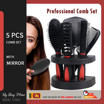 5 Pcs Hair Comb Set Professional Salon Cutting Brushes Sets Comb Hair Brush Styling Tools Mirror And Holder Stand Set