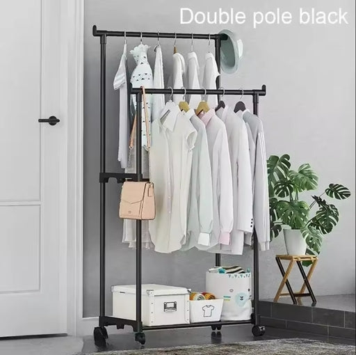 New Low Price Double Pole Telescopic Clothes Hanger, Garment Drying Rack with Rolling Wheels Steel