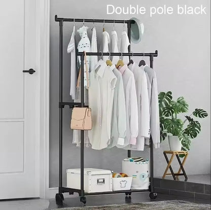 New Low Price Double Pole Telescopic Clothes Hanger, Garment Drying Rack with Rolling Wheels Steel