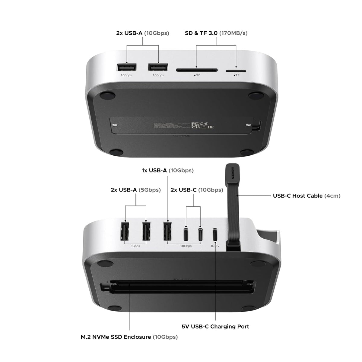 UGREEN 65487 Mac mini M4 Dock, 11-in-1 USB C Hub with 8TB M.2 NVMe Enclosure 10Gbps, 5X USB-A and 2X Type C Data Ports, SD/TF Card Slot, Docking Station & Stand for Mac mini M4/M4 Pro