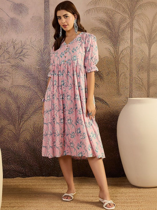 Printed Pure Cotton V-Neck Fit & Flare Maxi Dresses
