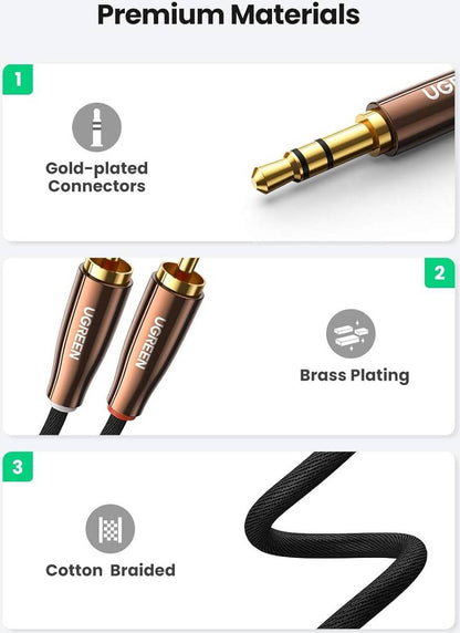 UGREEN 80847  3.5mm Male To 2RCA Male Audio Jack AUX Splitter Cable Gold-Plated Connectors - 2M