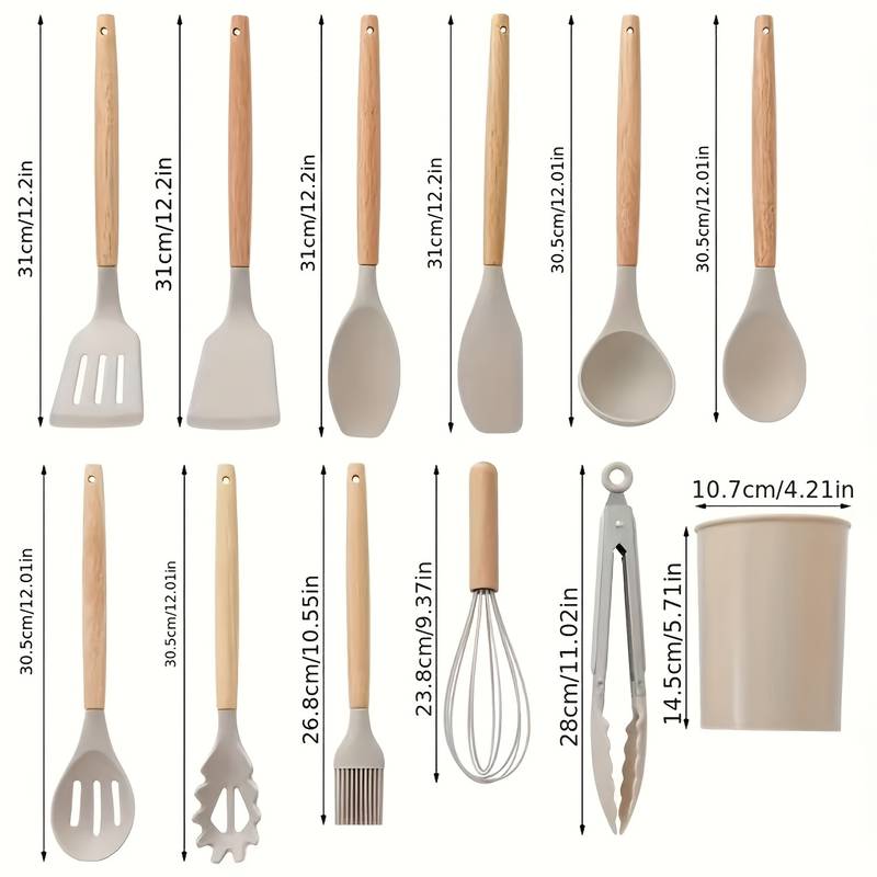 12-Piece Silicone Kitchen Utensil Set with Wooden Handles â€“ Non-Stick Cooking Tools, Spatula, Spoon