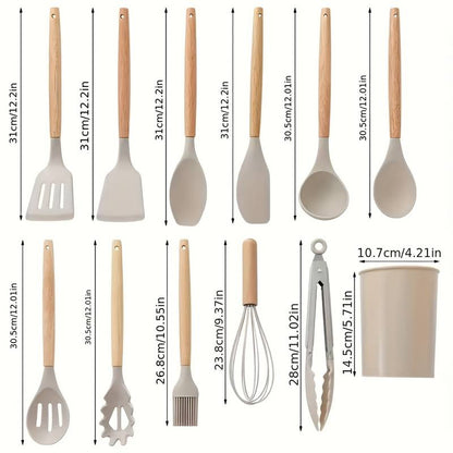 12-Piece Silicone Kitchen Utensil Set with Wooden Handles â€“ Non-Stick Cooking Tools, Spatula, Spoon