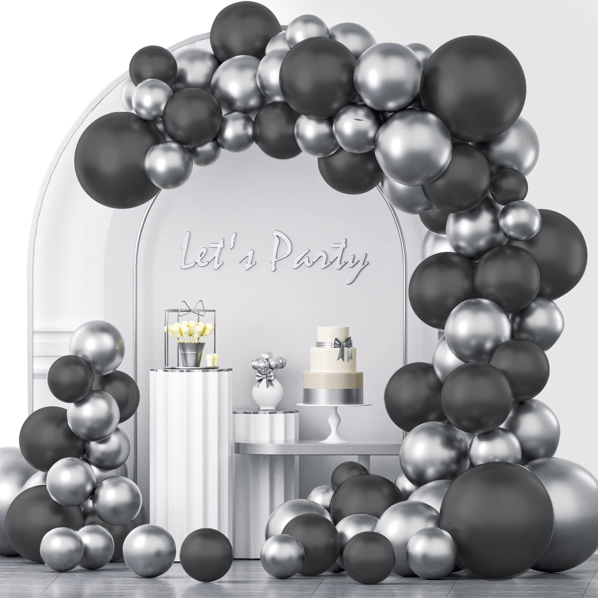 Complete Set 50pcs 10inch Metallic Latex Balloons Chrome Balloon Wedding Decorations Birthday Party Supplies Baloon arch BLACK & SILVER THEME COLOR + FREE GLUE DOTS + FREE GARLAND SETUP CHAIN