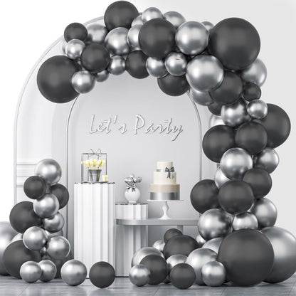Complete Set 50pcs 10inch Metallic Latex Balloons Chrome Balloon Wedding Decorations Birthday Party Supplies Baloon arch BLACK & SILVER THEME COLOR + FREE GLUE DOTS + FREE GARLAND SETUP CHAIN