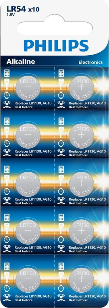 Philips AG10 G10 LR1130 LR54 1.5V Alkaline Button Cell Battery Pack of 10