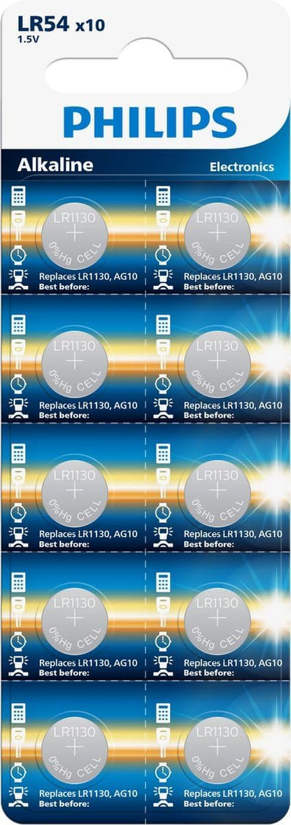 Philips AG10 G10 LR1130 LR54 1.5V Alkaline Button Cell Battery Pack of 10