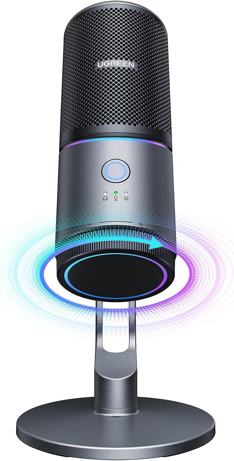 UGREEN CM769 USB Desktop Microphone with RGB Lights, Mute Button, 24bit/96kHz, Cardioid Polar Pattern, Volume Control, Conden