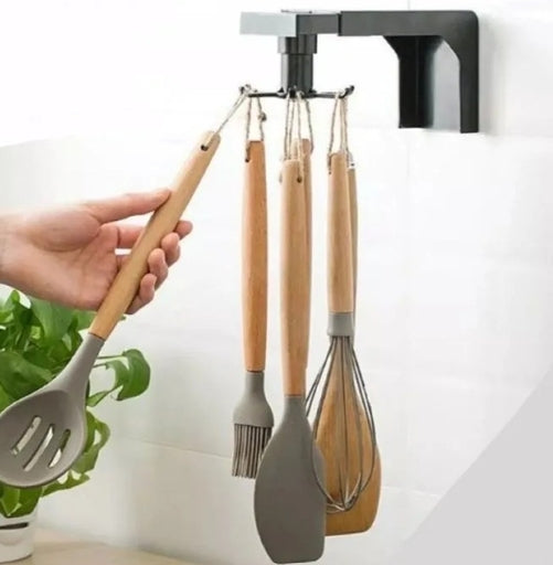 360Â° Rotatable Kitchen Hook Hanger, Punch-Free Wall Rack for Organizing Spoons, Spatulas